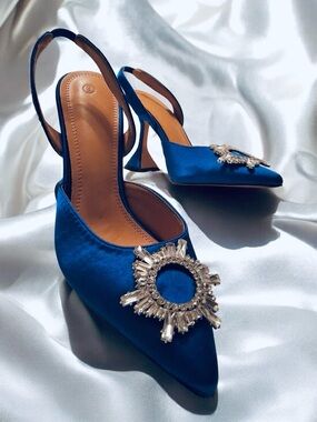 Electric Blue Satin Slingback Heels - Crystal Medallion Pointed Toe Pumps
Size 9